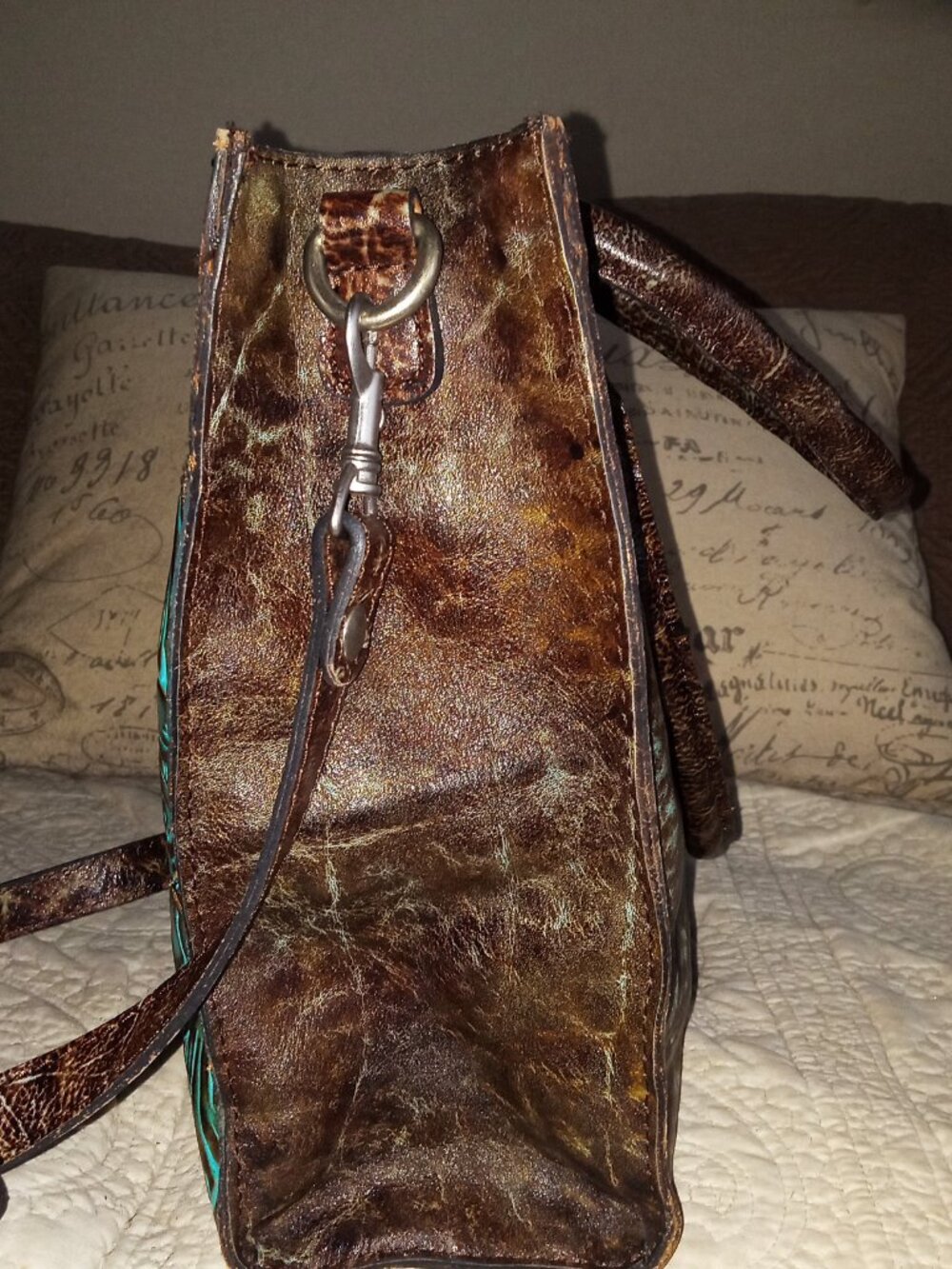 Patricia Nash Turquoise Brown Tooled Leather Satchel Crossbody Bag - Picture 6 of 10